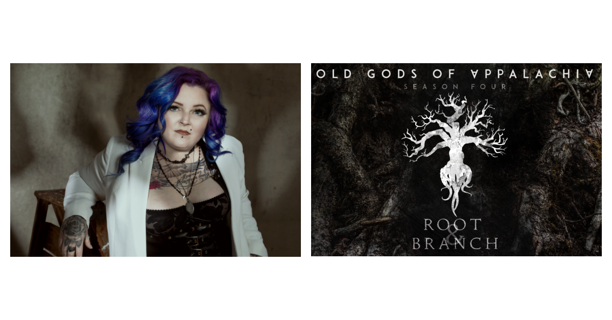 Left: A white woman with blue/purple medium-length hair, wearing a black corset and a white jacket. She has on metal jewelry and has lots of tattoos. Right: The Old Gods of Appalachia logo, which looks like a graphic depiction of roots and branches.