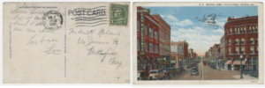 Front and back of a postcard. Image of a 1920s street on the front and writing and a stamp on the back.