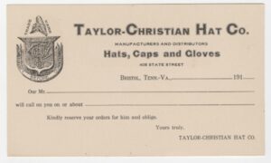 Order card for Taylor Christian Hat Co. with blacks for a customer to fill out order information.