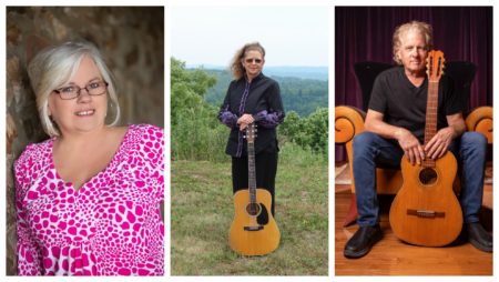 Left: A white woman with grey bobbed hair, wearing a pink and white patterned shirt. Center: An older white woman with brownish-grey hair, wearing dark clothes and resting a guitar on the ground in front of her; her hand is on the guitar's headstock. She is standing outside with green woods and mountains behind her. Right: A white man with white-ish hair and wearing a dark tee and jeans. He is sitting in a wooden chair with curled armrests and has a guitar resting on the ground in front of him; his hands are on the top of the guitar body.