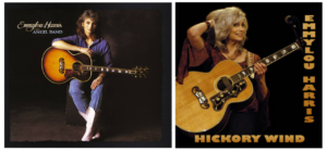 Two albums by Emmylou Harris, "Angel Band" and "Hickory Wind." She appears posing with her guitar on both, while much younger on "Angel Band," and in front of a microphone on "Hickory Wind."