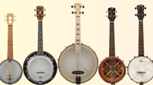 five different sizes and styles of banjo ukes.