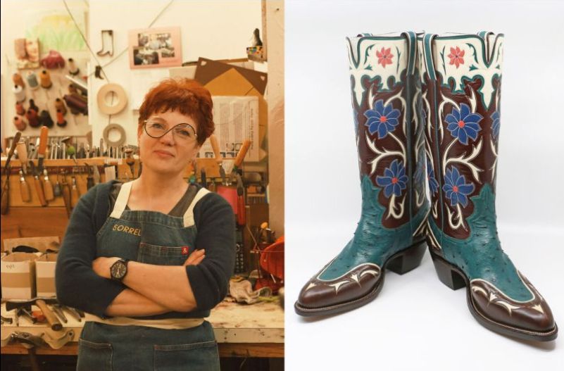 A photo of bootmaker Lisa Sorrell in her workshop beside a photo of a pair of her handmade cowboy boots.