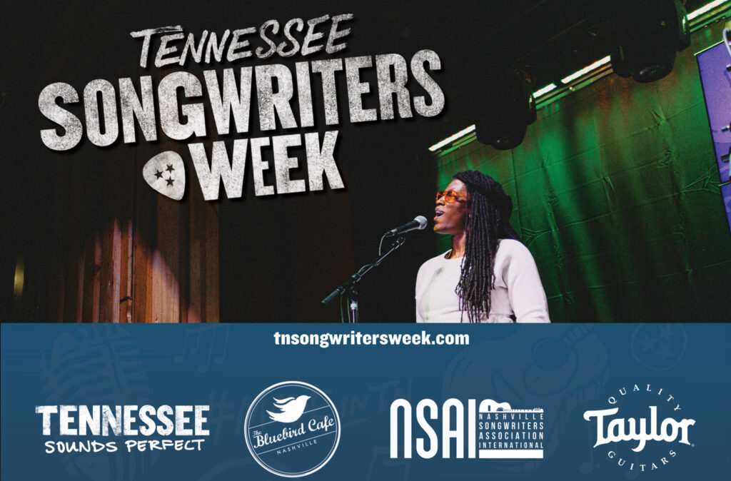 Tennessee Songwriters Week with a photo of a woman playing keyboard and singing.