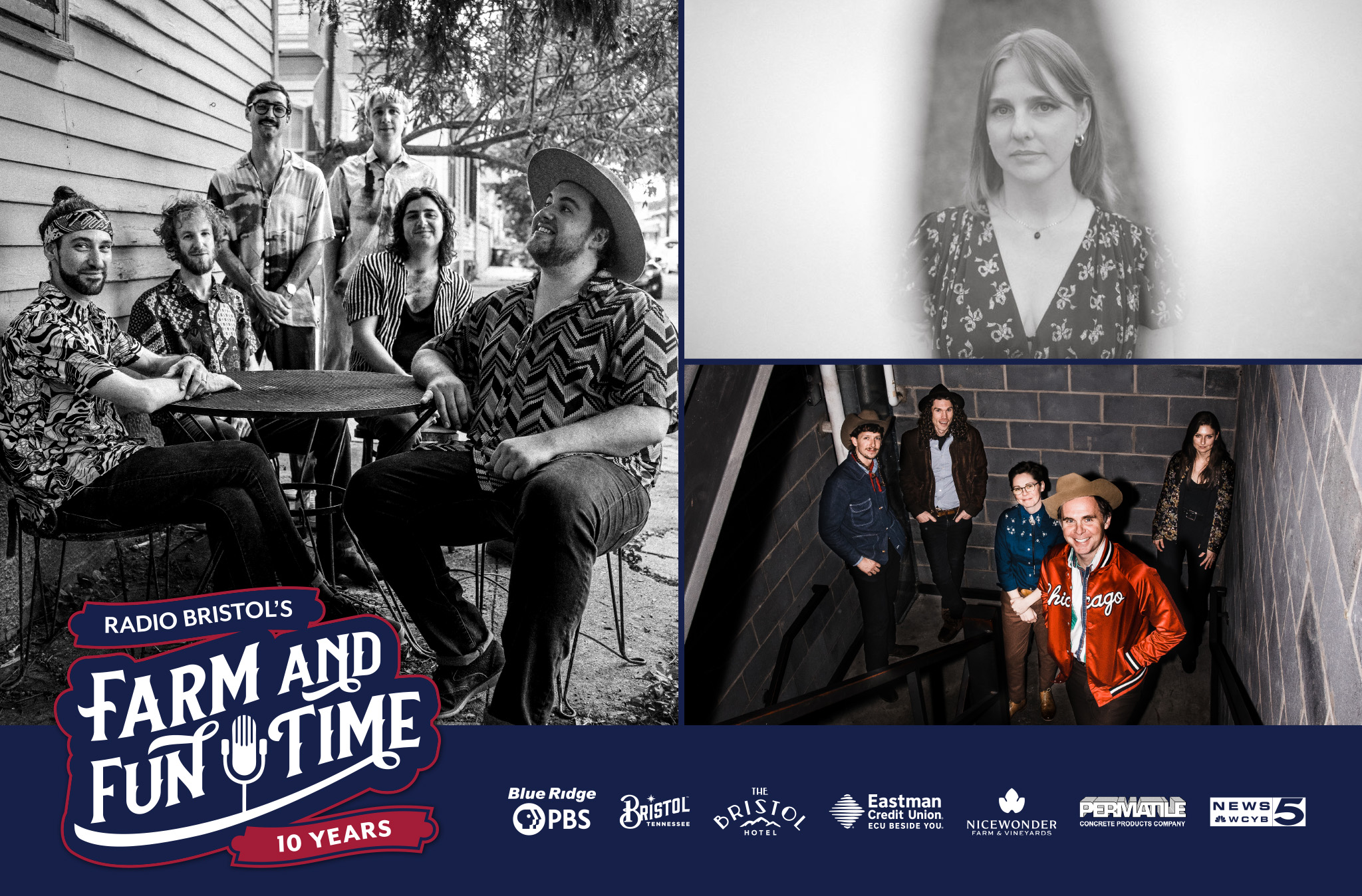 Photo collage of J & The Causeways, Dori Freeman, and the Farm and Fun Time House Band.