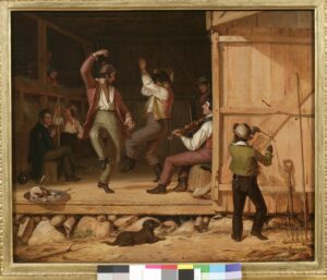 painting of several white people dancing in a barn. One man is seated playing a fiddle. A young balck man is tapping a rhythm on the barn door from the outside.