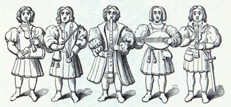 drawing of five medieval minstrels each with a different instrument.