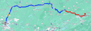 map with a line from Bristol, TN to Nashville, TN